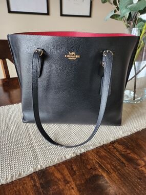 Coach Black Leather Tote with Red Interior